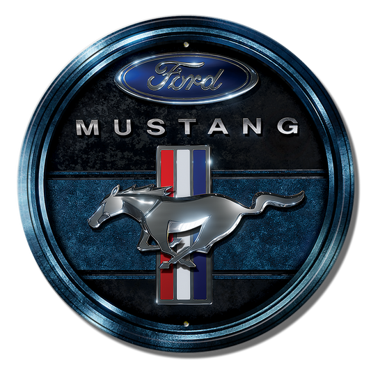 Round - Ford Mustang Blue-Aluminum Embossed Metal Sign